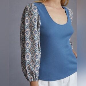 Dolan Anthropologie Top Medium Puff Sleeve Blue Ribbed Shirt Peasant Boho.